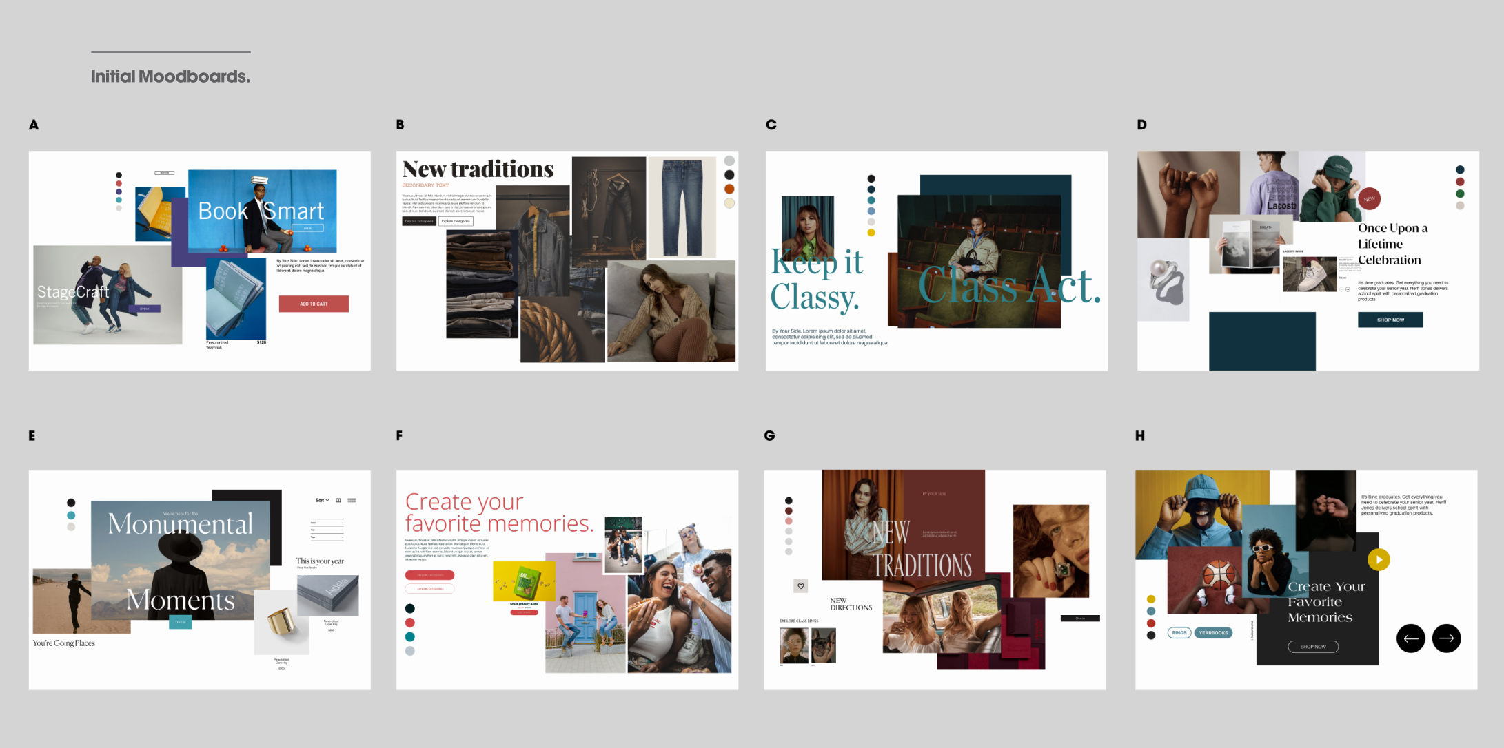 Initial moodboards exploring multiple creative directions for the Herff Jones redesign