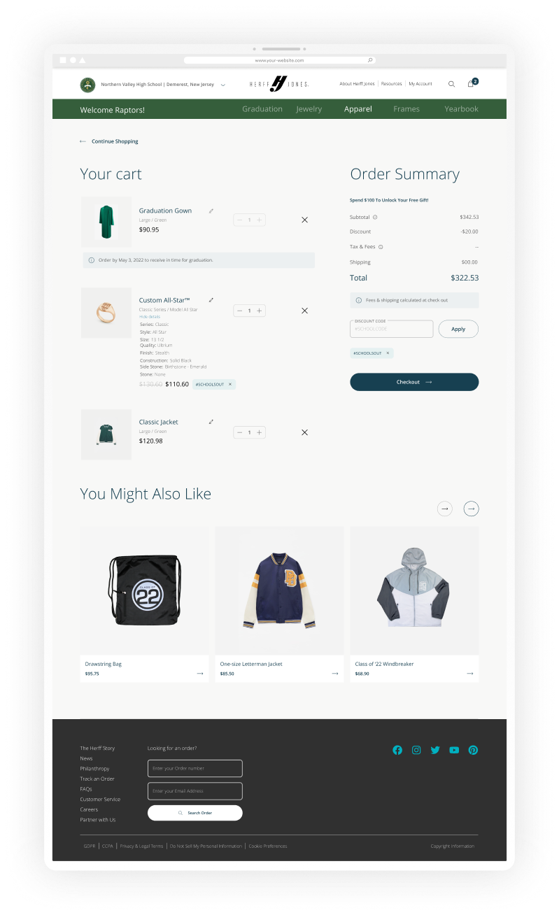 A product page from the redesigned Herff Jones e-commerce